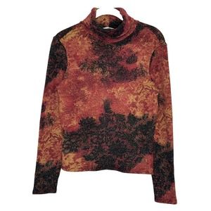 Cache Womens VTG Red Gold Floral Long Sleeve Turtleneck Sweater Sz L